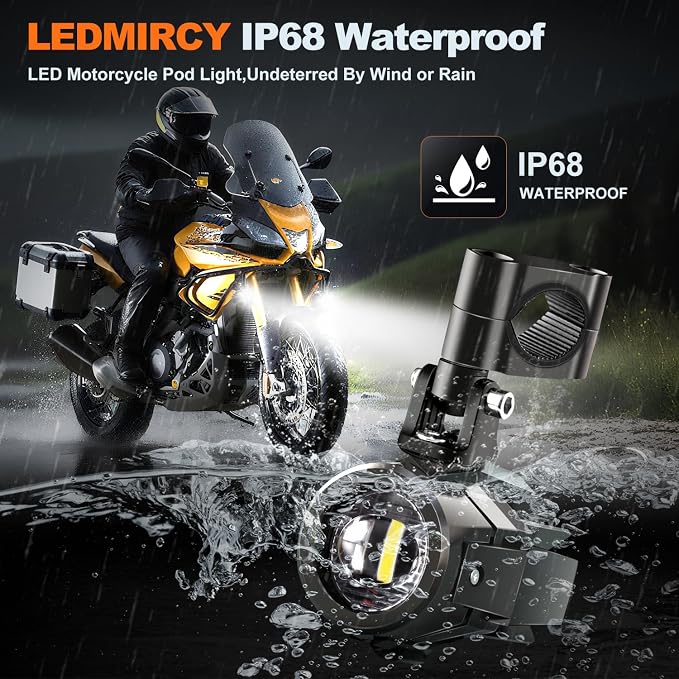 LEDMIRCY Motorcycle Auxiliary Lights, Exploradoras LED para Moto with Switch Wiring Harness Kit Motorcycle Fog Lights IP68 Waterproof Driving Spot Light with Mount Brackets for ATV UTV Snowmobile