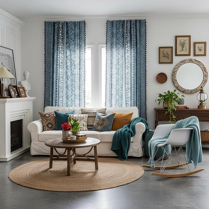 ColorBird Blue Boho Curtains Farmhouse MCM Western Striped Aztec Light Filtering 84 Inches Window Treatment Patterned Drapes for Bedroom Living Dining Room Kitchen Boho Chic Decor