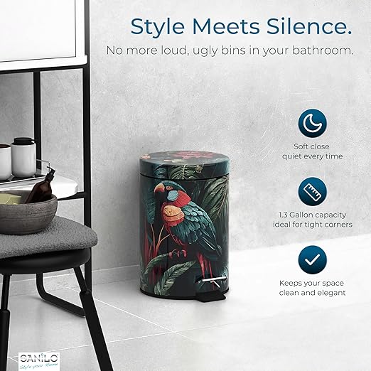 Sanilo Small Bathroom Trash Can with Lid [1.3 Gallon] - Lidded Tiny Trashcan for Garbage - Mini Metal Bin with Soft Closing Mechanism - Bath Room Accessoire Wastebin with Inner Bucket (Exotic)