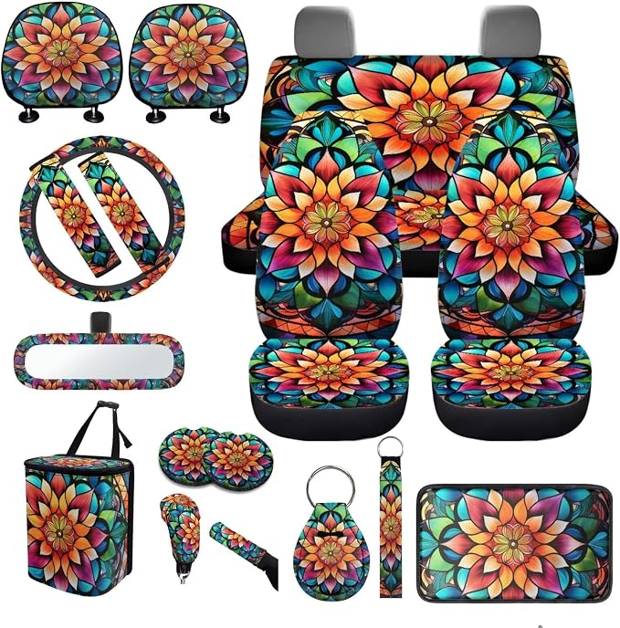 Mandala Lotus Car Seat Covers Full Sets 18 Pieces Hippie Print Car Interior Accessories Sets Car Headrest Covers Seatbelt Covers Steering Wheel Wrap Car Trash Can Universal Fit Most Vehicle