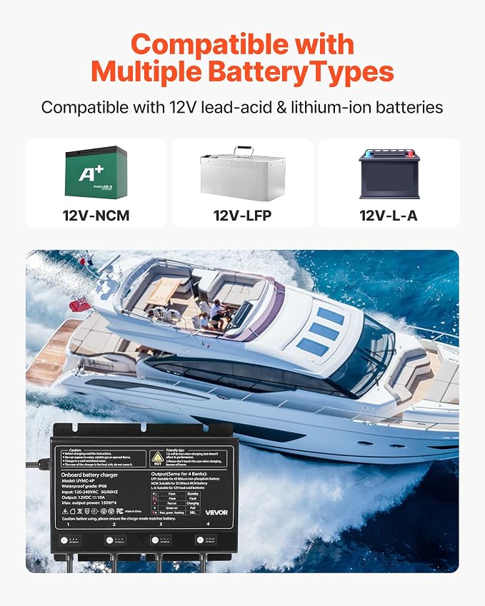 VEVOR Marine Battery Charger, 4-Bank, 10A x 4, 12V Onboard Battery Charger, IP68 Waterproof Smart Boat Charger, for Lithium-Ion (LiFePO4), NCM, Lead-Acid Batteries, Large Boat, Yacht, RV, Trailer