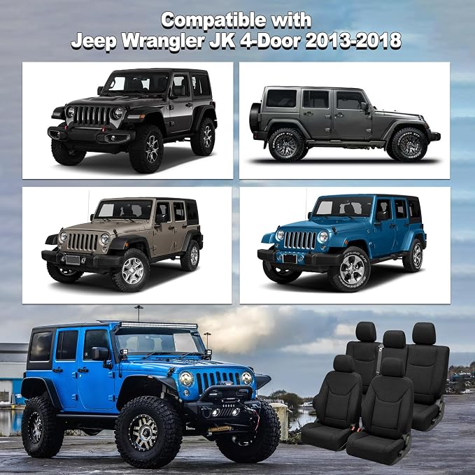 Custom Seat Covers for Wrangler JK 2013 2014 2015 2016 2017 2018 4 Door Heavy Duty Cloth Protector Interior Accessories，Waterproof & Machine Washable, Foam Padded - Black（Front & Rear）