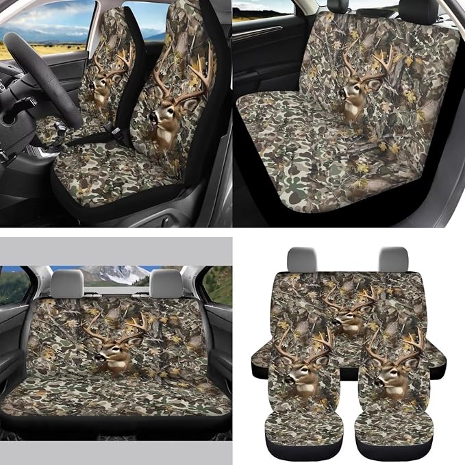 15 Pcs Camo Hunting Deer Car Seat Cover Full Set for Women Men with Car Steering Wheel Cover Seat Belt Cover Trash Bin Front Rear View Mirror Car Cup Holder Keychain