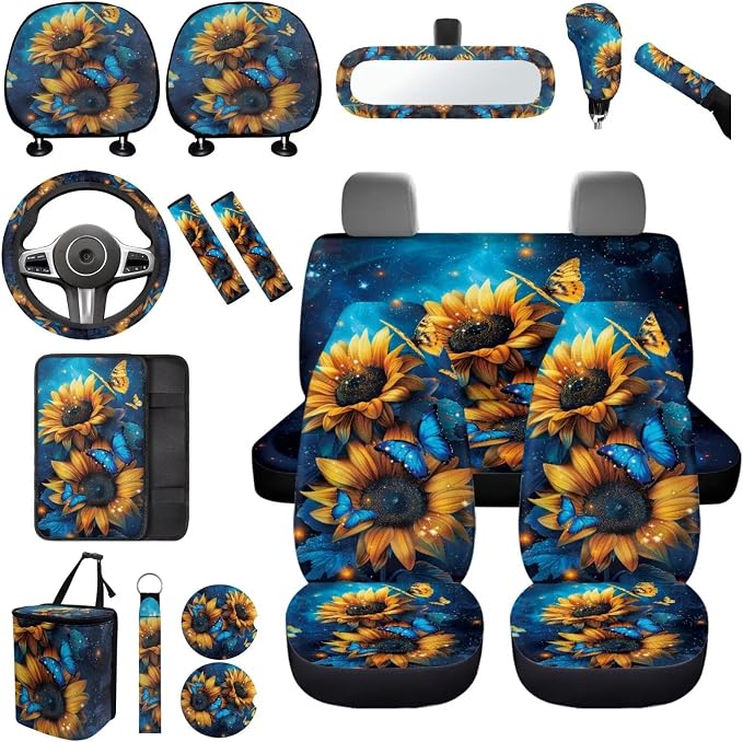 Sunflower Car Seat Covers Full Sets for Women,17 Pack Butterfly Car Accessories with Headrest Covers,Steering Wheel Covers,Trash Container for Car Universal Automotive Decor,Easy to Install