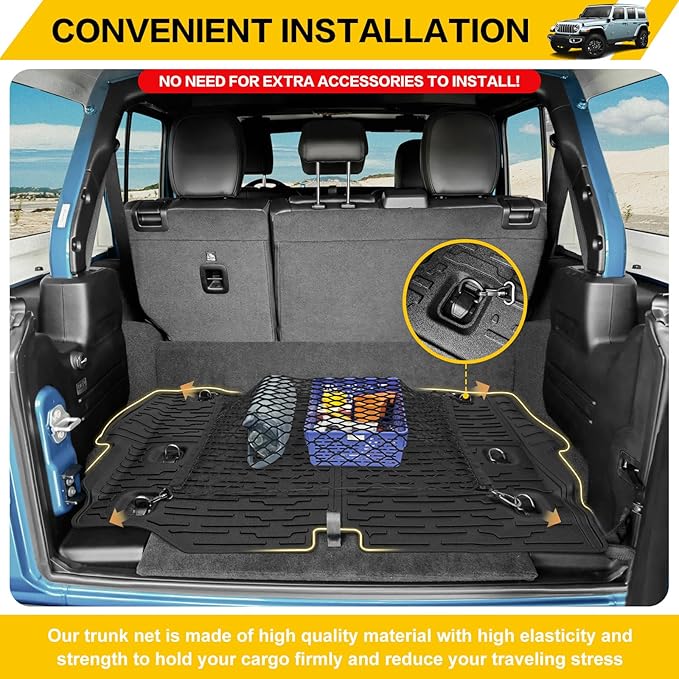 Cargo Mat & Trunk Net for 2021-2024 Jeep Wrangler JL 4XE Trunk Liners with Cargo Net All Weather Protection Anti-Slip Rear Mesh Cargo Netting for 21-24 Wrangler JL 4XE 4 Door Accessories