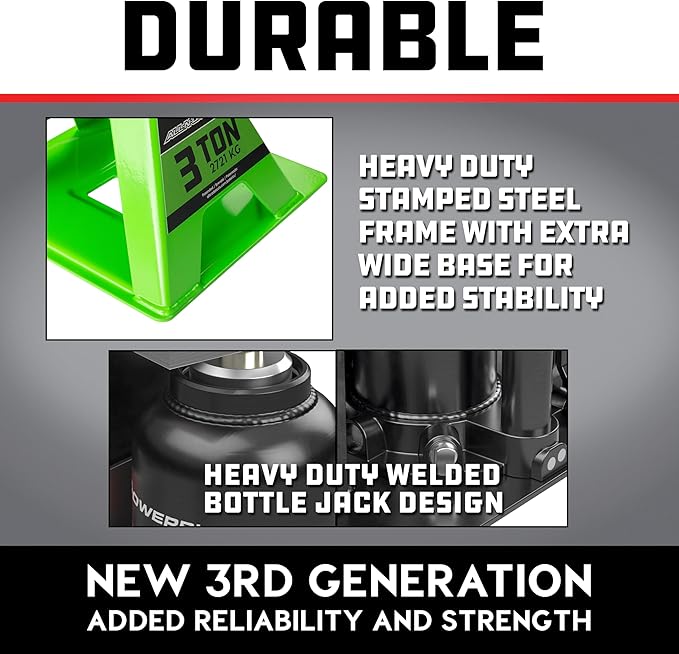 POWERBUILT 3 Ton All-in-One Hydraulic Bottle Jack and Jackstand in One, Compact, Wide Base, 11-21 Inch Range, Eliminates Jackstands, for Trucks, SUVs, RVs, Trailers, ASME, Not for Sedans - 640912