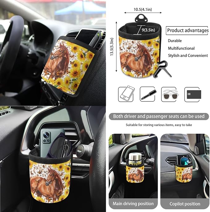 Horse Sunflower Butterfly Print 15 PCS Car Front Back Seat Covers Full Set, Steering Wheel Cover Trash Bag Seatbelt Strap Pad Air Vent Storage Bag Rearview Mirror Cover Coasters Key Chain