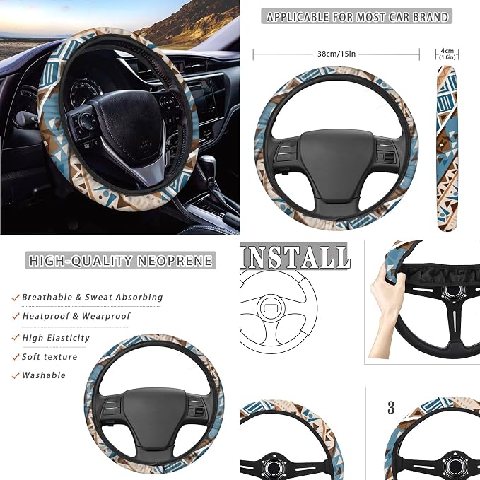 Aztec Seat Covers Full Set with Western Steering Wheel Cover, Shoulder Pads, Seat Covers Car Accessories Universal Fit for Most Cars, Blue and Brown
