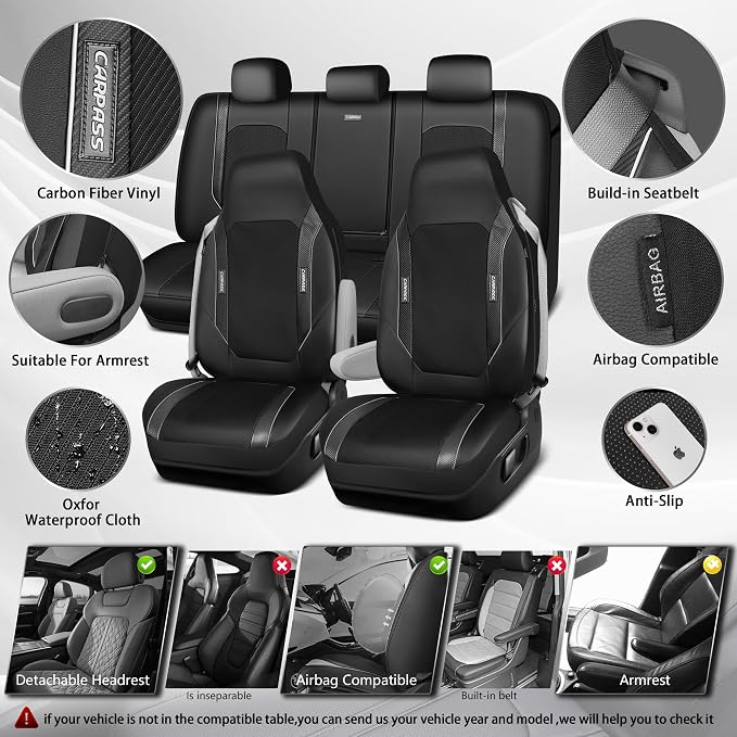CAR PASS Faux Leather High Back Seat Covers Full Set, Sporty Waterproof Automotive Seat Covers, Anti Slip Airbag Compatible Universal Fit for Most Sedans Trucks Vans Suvs, All Black