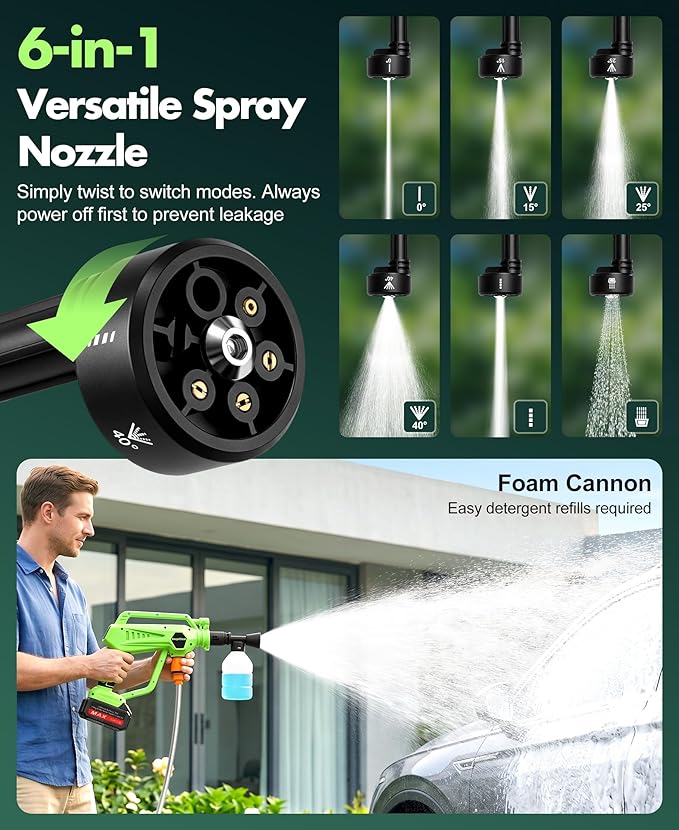 DeeprClean Cordless Car Washer with 6-in-1 Nozzle, Portable Vehicle Cleaning Tool with Brushless Motor |3 Adjustable Levels & Battery Display | Lightweight Spray Tool for Car, Patio Outdoor Use-Lime