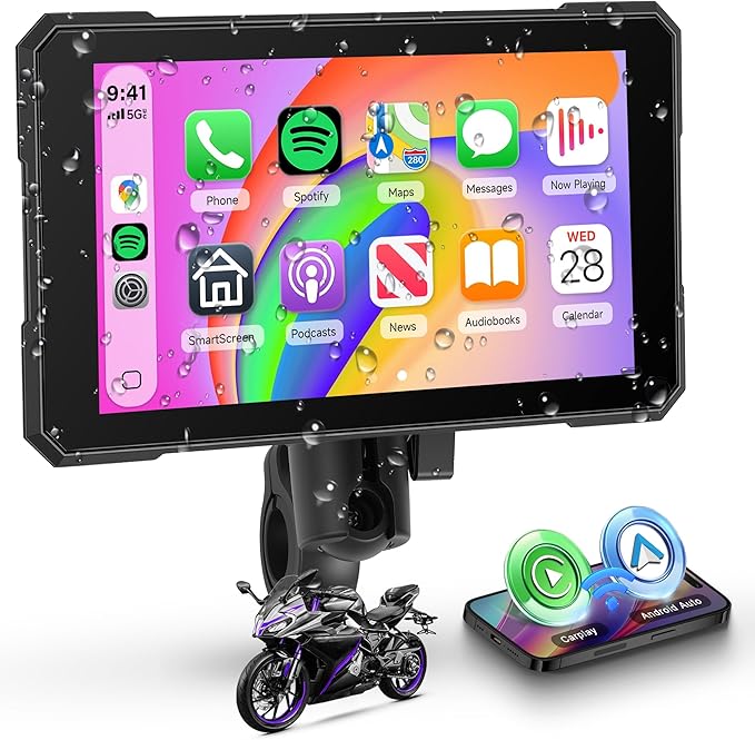 Motorcycle CarPlay Screen 5 Inch Wireless Carplay Android Auto for Motorbike with Removable Bracket, IP68 Waterproof Touchscreen, Supports GPS Navigation Bluetooth