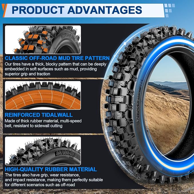 Rear 80/100-12 3.00-12 Dirt Bike Tire and Inner Tube for Tuttio Soleil01 Honda XR70 CRF70 CRF110 KLX110 PW80 TTR90 DRZ110 SSR 125cc 110cc Dirt Bike Off Road Motocross Parts