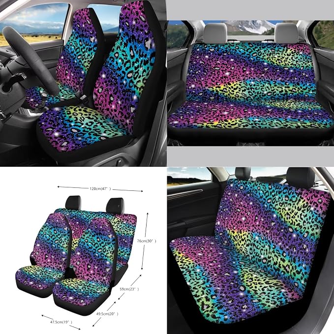Leopard Galaxy Pattern Bucket Seat and Rear Split Bench Cover Steering Wheel Cover Car Trash Bin Seat Belt Pad Keychain Coasters Air Outlet Bag 15pcs Car Accessories