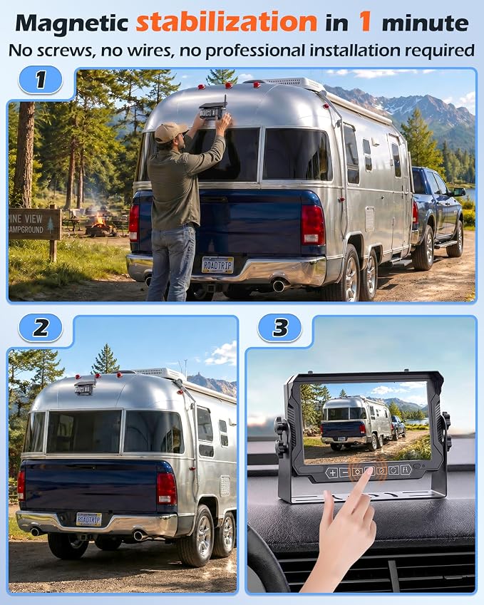 HD 1080P Magnetic Wireless Backup Camera for RV - 1-Min Easy Install for RV Trailer, Stays Secure on Bumpy Driving - 7'' Monitor for Rear View & Parking While Travel
