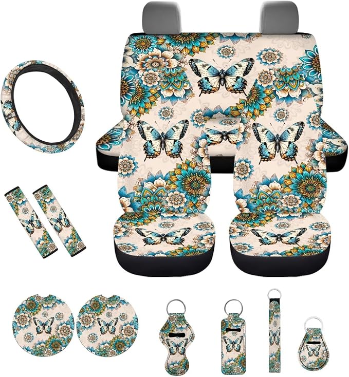 Car Accessories Car Seat Covers Full Set with Steering Wheel Covers+Seat Belt Pads+Coasters+Keychain+Lipstick Holder Universal Fit(13 Pack), Bohemian Mandala Butterfly Print