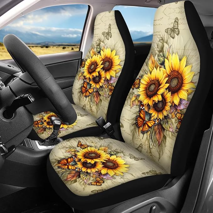Butterfly Car Accessories Set Full Sets of 17 Pack Sunflower Car Seat Covers Full Sets with Front and Split Rear Bench Heavy Duty Floor Mats Seat Belt Shoulder Pad Steering Wheel Covers