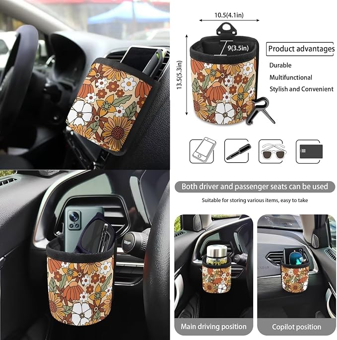 Vintage Sunflower Daisy Print Car Seat Covers 15Pcs Full Set Car Steering Wheel Cover Seat Belt Cover Trash Bin Air Vent Storage Box Rear View Mirror Car Cup Holder Keychain