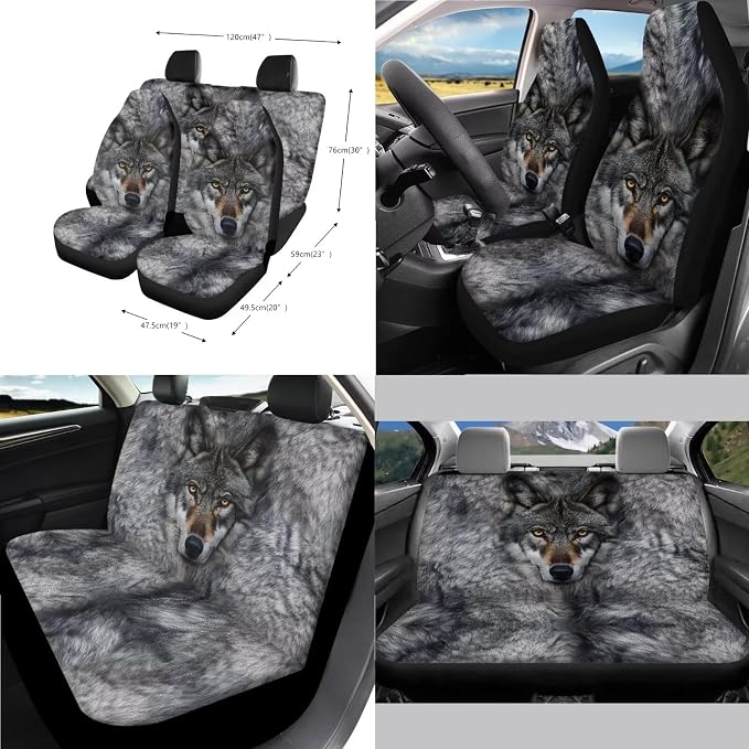 Wolf Print Car Seat Covers Full Set High Back Bucket Seat Covers with Steering Wheel Cover Center Console Armrest Pad Seatbelt Pads Car Rear View Mirror Protector Garbage Bag