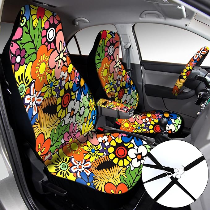 15 Pcs Full Car Seat Covers Set Car Accessories Seat Covers Steering Wheel Cover Belt Pads Armrest Pad Cup Holders Keychains for Most Truck SUV(Flower)