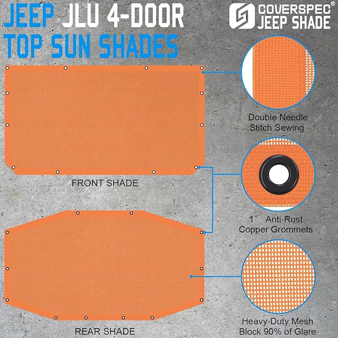 JL Top Sun Shade Roof Compatible with Jeep Wrangler 2 or 4 Door 2018 to 2023 Sunshade Sunroof Blocks UV Wind Noise Orange Mesh for Front and Rear 2 pcs
