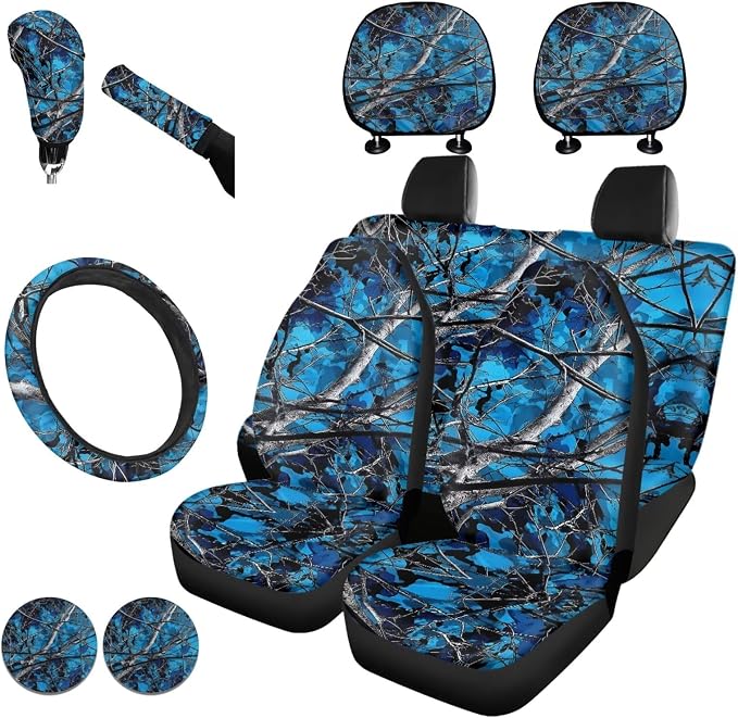 KEIAHUAN Blue Camo Hunting Car Seat Covers Full Set with Gear Shift Knob and Handbrake Cover Steering Wheel Cover Head Rest Covering Cup Coaster Fits Most Vans Trucks SUV Sedan