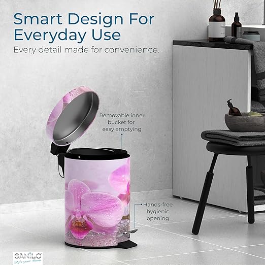Sanilo Small Bathroom Trash Can with Lid [1.3 Gallon] - Lidded Tiny Trashcan for Garbage - Mini Metal Bin with Soft Closing Mechanism - Bath Room Accessoire Wastebin with Inner Bucket (Blooming)
