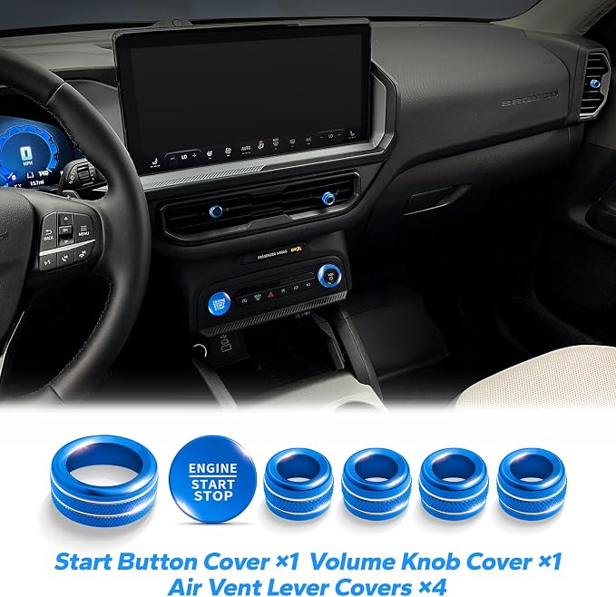 for 2025-2026 Ford Bronco Sport Accessories (Not for Bronco) 9PCS Aluminum Alloy Knob Cover Trim Set for Push Start, Volume, Air Vent Tabs, Headlight & Gear Shift Knob (Blue)
