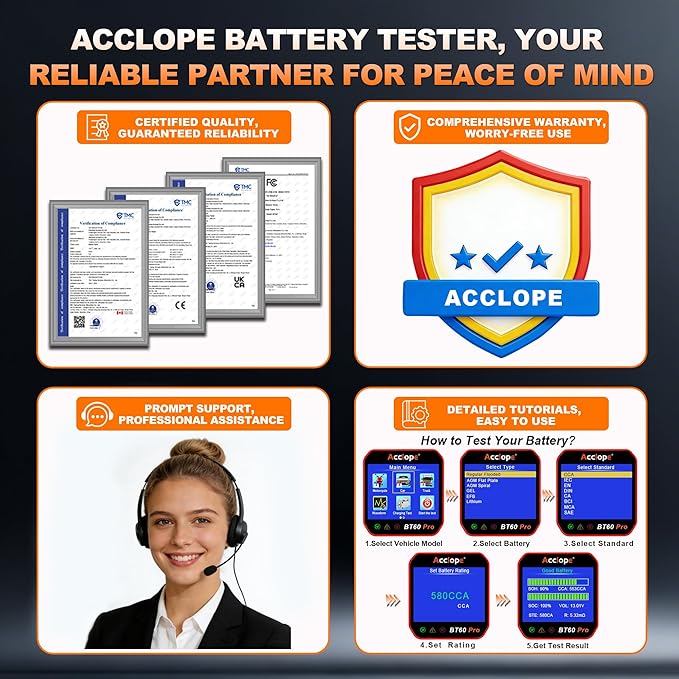 BT60 PRO Car Battery Tester 6V/12V/24V, 2–120Ah, 100–3000 CCA, AGM/Gel/Lithium, Digital Analyzer, QR Cloud Report (No App), Alternator & Starter/Charging System