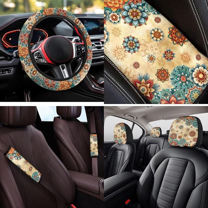 Bulopur Boho Dahlia Floral Vehicle Seat Covers Full Set with 15 Inch Steering Wheel Cover Center Console Cushion Seat Belt Covers Coasters Automotive Interior Decor Set 14 PCS