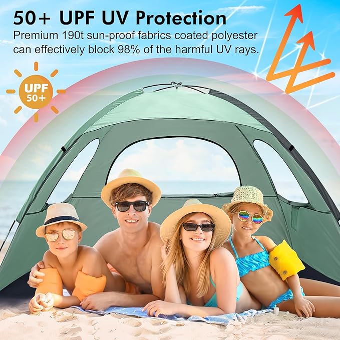 WhiteFang Beach Tent Anti-UV Portable Sun Shade Shelter for 3/4/6/8 Person, Extendable Floor with 3 Ventilating Mesh Windows Plus Carrying Bag, Stakes and Guy Lines