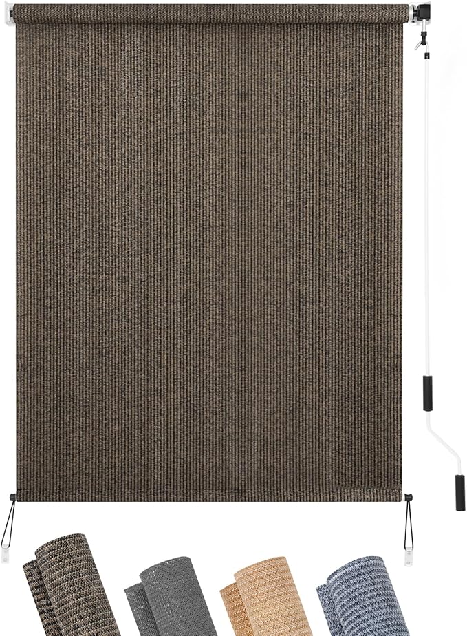 KELIXU Patio Shades Roll Up Outdoor Blind, 4' W x 8' H Cordless Sun Shade Privacy Screen with 90% UV Protection Exterior Roller Shade Cloth for Porch Pergola Backyard Windows Balcony, Mocha