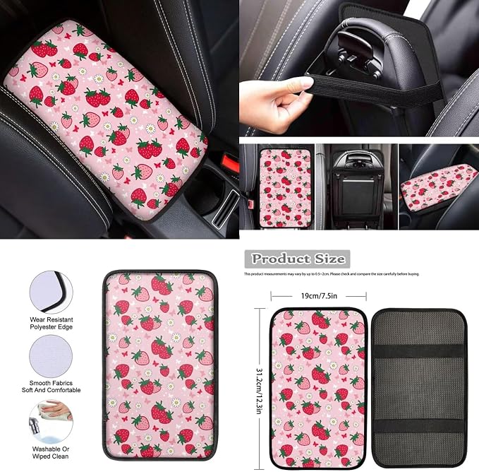 Cute Strawberry 12 Pieces Car Seat Covers Sets Steering Wheel Cover Steering Wheel Cover Car Console Covers Cars Seat Belt Cover Personalized for Most Cars, SUVs