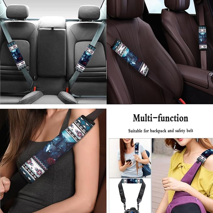 Aztec Wolf Seat Covers Full Set with Western Steering Wheel Cover, Shoulder Pads, Tribal Seat Covers Car Accessories Universal Fit for Most Cars, Blue