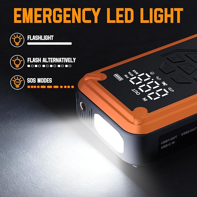 Jump Starter with Air Compressor, Acmount 5000A Car Battery Jump Starter with 150PSI Tire Inflator for Up to 9.0 Gas/8.0L Diesel, 12V Portable Jump Starter Box with LCD Display, Light (Orange&Black)