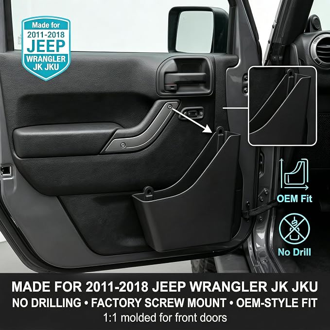 Front Door Grab Handle Pocket Organizer Compatible with 2011-2018 Jeep Wangler JK JKU Rubicon Sahara 2/4-Doors Accessories, Door Side Hanging Storage Box Expansion Accessories