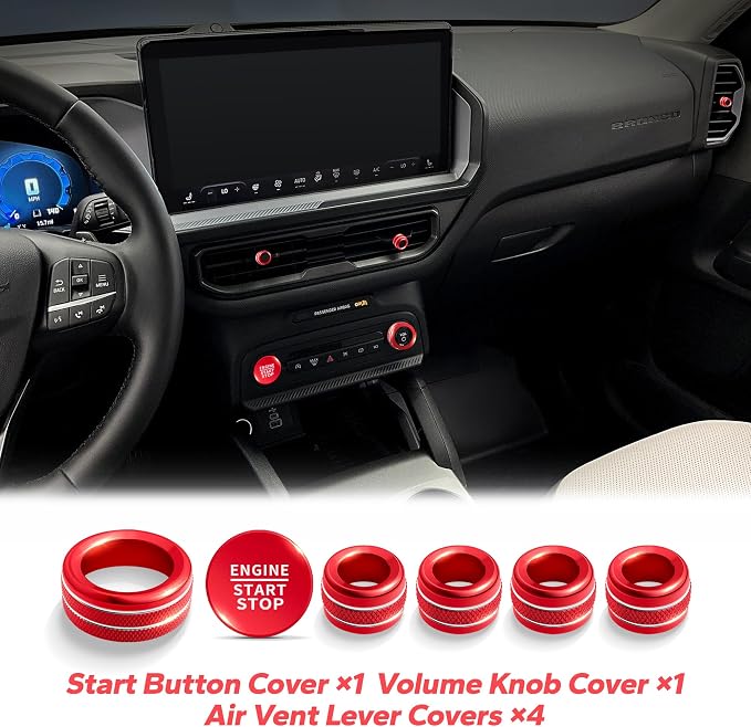 for 2025-2026 Ford Bronco Sport Accessories (Not for Bronco) 9PCS Aluminum Alloy Knob Cover Trim Set for Push Start, Volume, Air Vent Tabs, Headlight & Gear Shift Knob (Red)