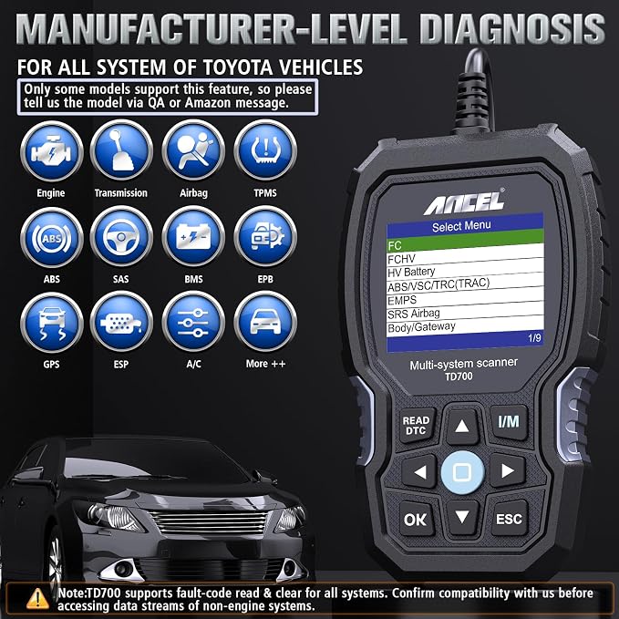 ANCEL TD700 Fits for Toyota OBD2 Scanner, Engine Car Diagnostic Scan Tool+ANCEL OBD2 Scanner Extension Cable