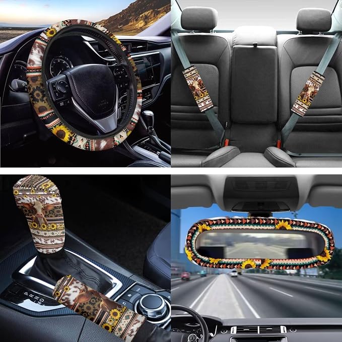 Western Aztec Cow Car Seat Covers Full Sets Cow Car Accessory for Women,Universal Fit Auto Steering Wheel Wrap/Safety Seatbelt Pads/Coasters/Keyrings/Mirror Cover Auto Interior Protector