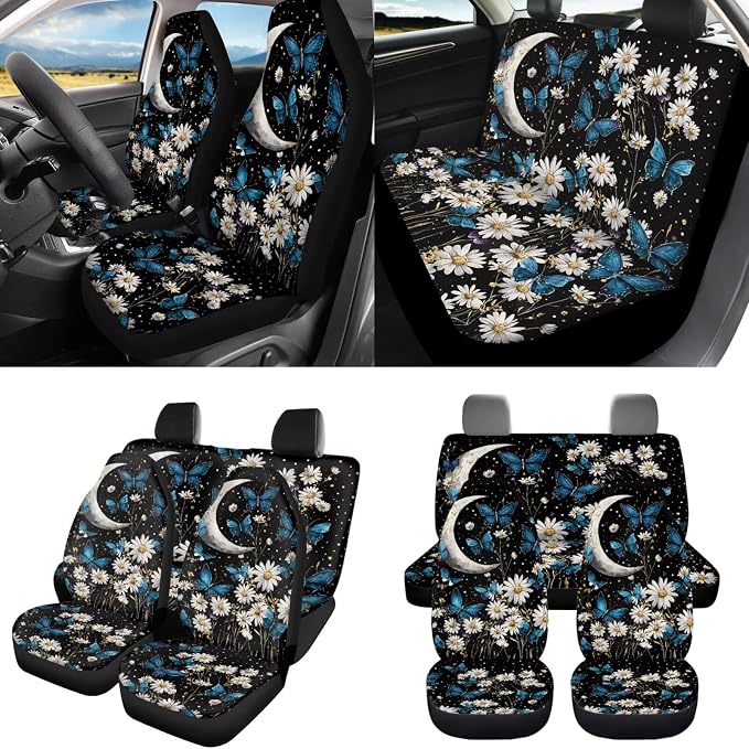 8 Pcs Moon Floral Butterfly Car Seat Covers Full Set Car Accessories for Women Front Seat Cover Steering Wheel Armrest Cover Seat Belt Cover for Auto SUV Interior Decoration
