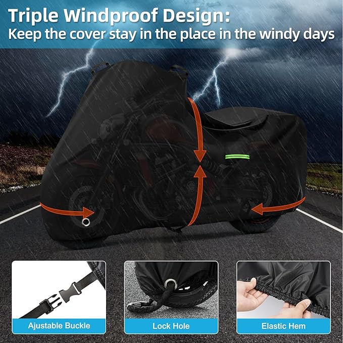 Motorcycle Cover Waterproof for Kawasaki Vulcan S 650/900/1500, Heavy Duty Outdoor Sun UV Rain Dust All Weather Protection Motorbike Cover with Soft Cotton Lining & Lock Hole-Black