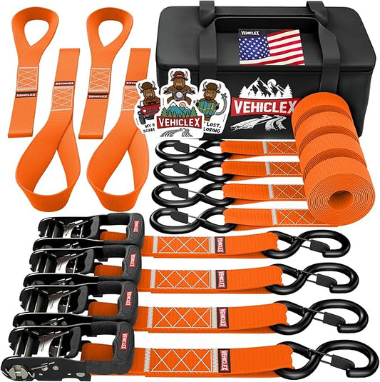 Vehiclex Motorcycle Ratchet Tie Down Straps with Soft Loops - 4PK Heavy Duty 1.5" x 8ft Kit, 4,400 lb Breaking Strength for Powersports, Orange