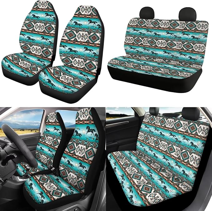 POLERO Western Aztec Horse Car Seat Covers Full Set 11 Pcs, Steering Wheel Cover Seatbelt Covers Coasters Keychain, Vintage Interior Accessories Universal Fit for Women Men