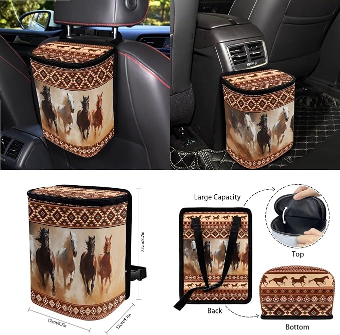 Aztec Horse Printed Car Seat Cover Full Set 15 Pcs with Steering Wheel Cover Seat Belt Pads Cup Coasters Trash Bag Air Vent Case Rearview Mirror Cover Keychain Auto Accessories