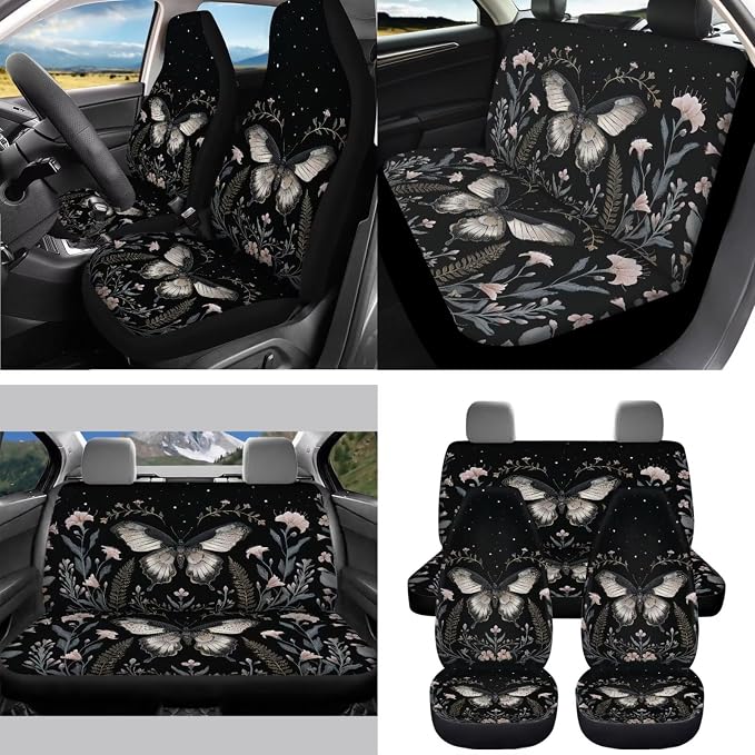 Lavender Moth Moon Floral Car Seat Covers Full Set 15 Pcs Universal Car Accessories Steering Wheel Cover Seat Belt Pads Garbage Bag Car Headrest Pillow Covers Armrest Pad
