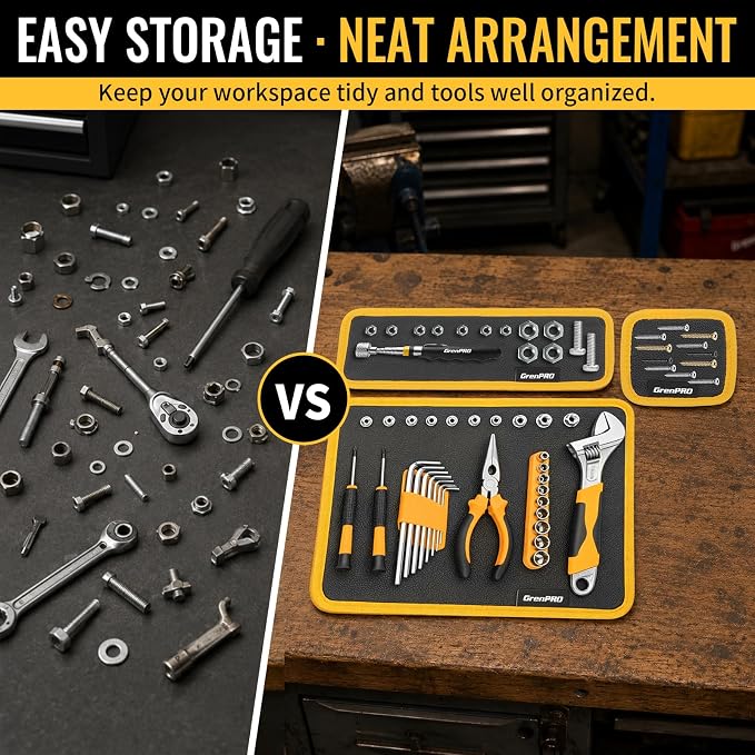 GRENPRO Magnetic Tool Mat & Tray Holder, PVC Non-Slip Organizer for Auto Repair, 4 Pack: 3 Sizes Mats, Telescoping Pickup Tool