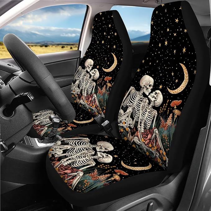 Skull Car Seat Covers Full Sets 18 Pcs Universal Car Interior Accessories Sets with Gothic Skeleton Steering Wheel Car Covers Washable Car Headrest Covers Hanging Car Trash Can,Universal Fit