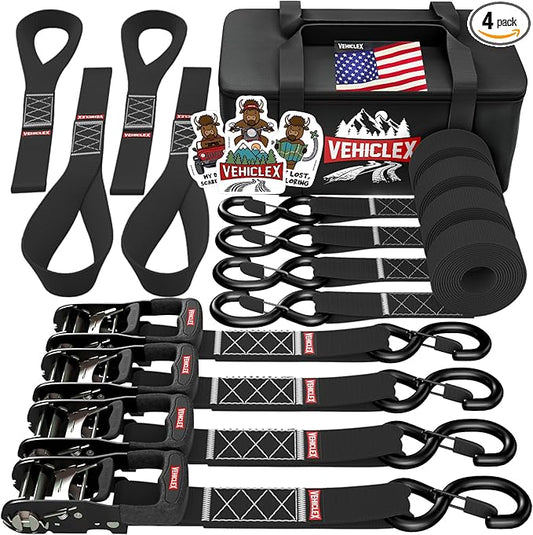 Vehiclex Motorcycle Ratchet Tie Down Straps with Soft Loops - 4PK Heavy Duty 1.5" x 8ft Kit, 4,400 lb Breaking Strength for Powersports, Black