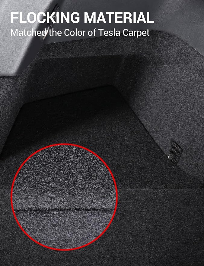 BASENOR 2020 2021 Tesla Model Y Trunk Organizer, (Proprietary Design) Waterproof Rear Trunk Storage Bins Side Box with Carpeted Lip Interior Accessories Set of 2 for 5-Seater