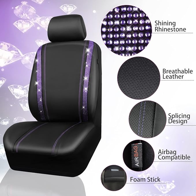 CAR PASS Diamond Bling Leather Seat Covers Set Car Floor Mats Glitter Rhinestone Steering Wheel and Car Interior Accessory Set for Women Purple Violet