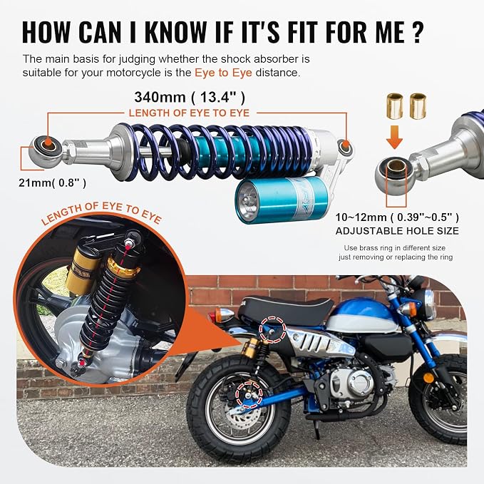 Zhisheng 340mm 13.4in Air Shock Absorber ATV Motorcycle Quad Suspension Shocks for HONDA for Suzuki for Kawasaki for Yamaha ATV Go Kart Quad Dirt Sport Bikes, Blue